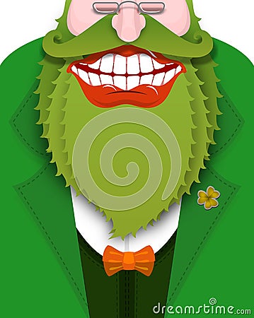 Cheerful leprechaun with green beard. Good gnome with big smile. Vector Illustration