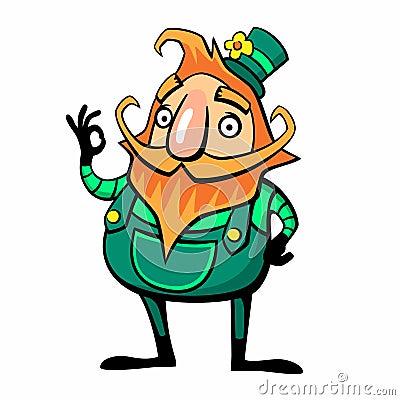 Cheerful leprechaun, symbol of Saint Patrick day, isolated vector illustration. Cartoon dwarf shows the OK gesture. Vector Illustration