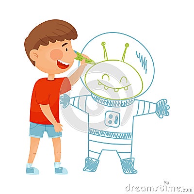 Cheerful Little Boy Drawing Alien with Pencil on the Wall Vector Illustration Vector Illustration