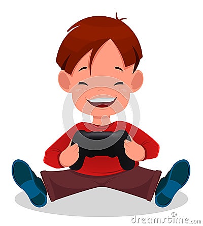 Cheerful little boy playing videogames. Cute cartoon kid. Vector Illustration