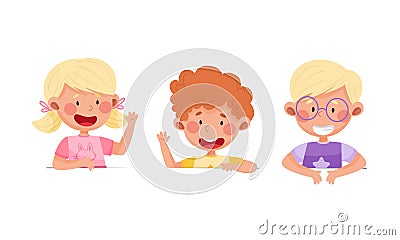 Cheerful little children peeking out from wall or looking over blank sign board cartoon vector illustration Vector Illustration