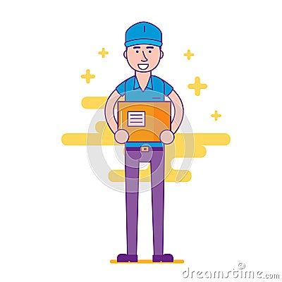 Cheerful logistics company courier or delivery man character holding parcel in hands and smiling. Happy postman or post office Vector Illustration