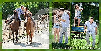 Cheerful loving couple on walk with brown horses Stock Photo