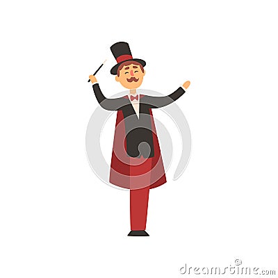 Cheerful magician holding magic wand. Cartoon male character in elegant tuxedo with red cape and cylinder hat. Circus Vector Illustration