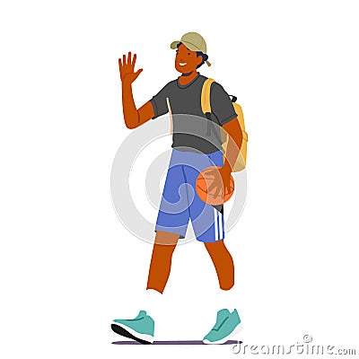 Cheerful Male Character With Backpack And Basketball Ball Walking Towards A Gym. Man Engaged In Sport, Fitness, Wellness Vector Illustration