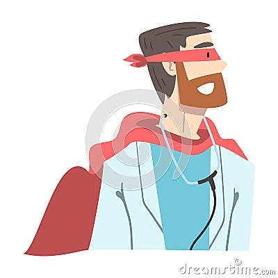 Cheerful Male Doctor in Superhero Costume, Confident Doctor Character, Healthcare and Safety Concept Cartoon Style Vector Illustration