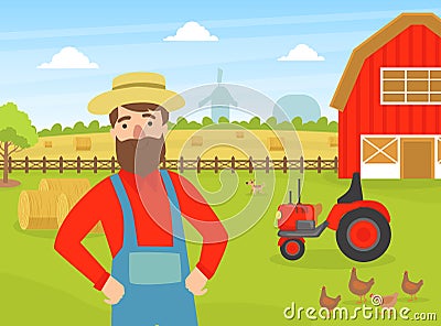 Cheerful Male Farmer at Summer Rural Landscape, Agricultural Worker Working at Farm Vector illustration Vector Illustration