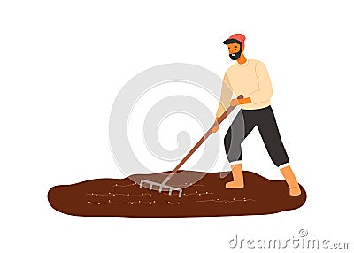 Cheerful male farmer work with field use rake vector flat illustration. Smiling agricultural worker cultivated seedbed Vector Illustration