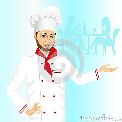 Cheerful male hipster chef holding something Vector Illustration