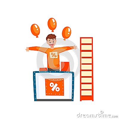 Cheerful male promoter character promoting advertisement on a promo stand with balloons vector Illustration on a white Vector Illustration