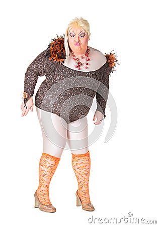 Cheerful man, Drag Queen, in a Female Suit Stock Photo