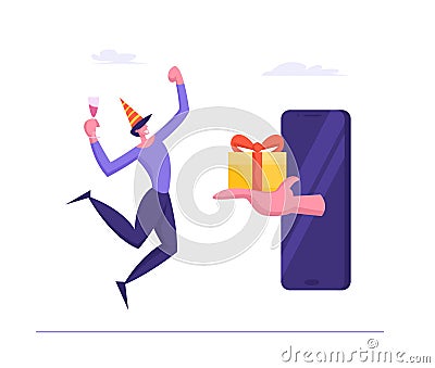 Cheerful Man in Festive Hat Holding Champagne Glass Jumping and Rejoice for Getting Gift from Mobile Phone Screen Vector Illustration