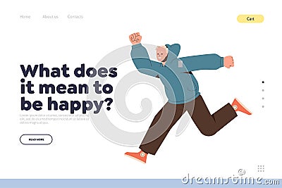 Cheerful man jumping and running fast to happiness, vector landing page template Vector Illustration