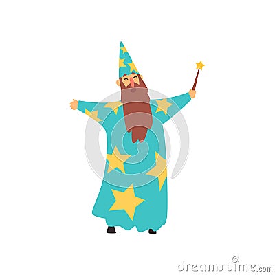 Cheerful man with long beard in blue wizard costume with stars and cone hat. Cartoon male with magical wand in hand Vector Illustration