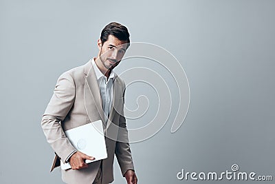 internet man job suit laptop digital smiling freelancer business copyspace computer Stock Photo