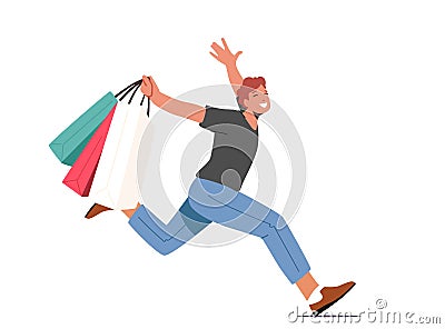 Cheerful Man with Shopping Bags and Purchases Running. Smiling and laughing Male Characters with Paper Packings Vector Illustration