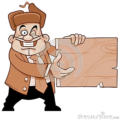 Cheerful man in a suit and fur hat, holding empty signboard Vector Illustration