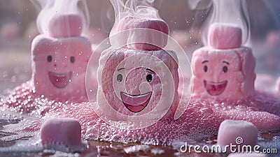 Joyful Marshmallows Bathing in a Pink, Bubbly Wonderland Stock Photo