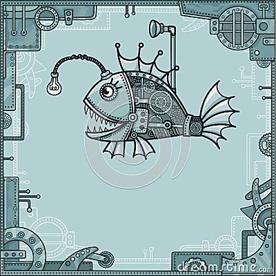 Cheerful mechanical fish. Background - a frame from metal details, the iron mechanism. Vector Illustration