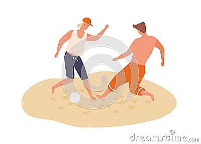 Cheerful men playing football on summer beach. Male friends spend time together. Scene of summer recreational activity Vector Illustration