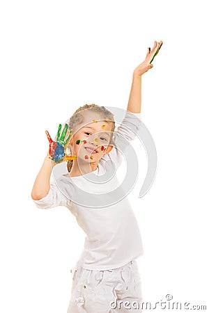 Cheerful messy girl with hands painted Stock Photo