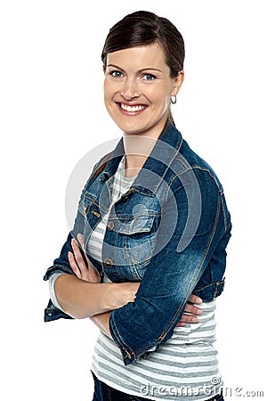 Cheerful middle aged woman in trendy clothing Stock Photo