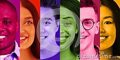 Cheerful millennial multiracial males and females on colorful backgrounds in neon light Stock Photo