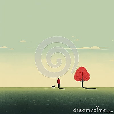 Cheerful Minimalist Illustration Of Man And Dog In Nature Cartoon Illustration