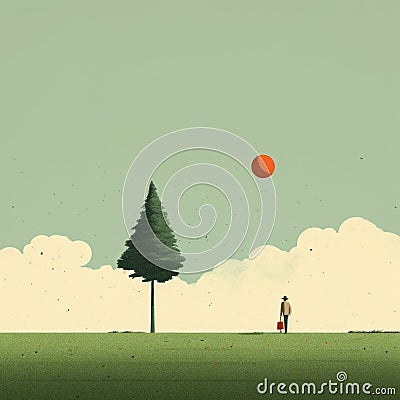 Cheerful Minimalist Illustration: Man Flying Ball Next To Tree Stock Photo
