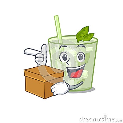 A cheerful mojito lemon cocktail cartoon design concept having a box Vector Illustration