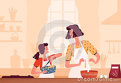 Cheerful mom and daughter cook together at home in the kitchen. The concept of happy motherhood and joint activities Vector Illustration