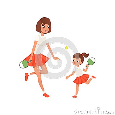 Cheerful mom and her daughter playing ping pong. Outdoor activity. Girl and her mother in sportswear. Sporty family Vector Illustration