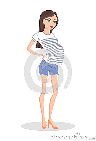 Cheerful Mom in Short Shorts and Striped T-shirt Vector Illustration
