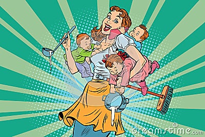 Cheerful mother with three children Vector Illustration