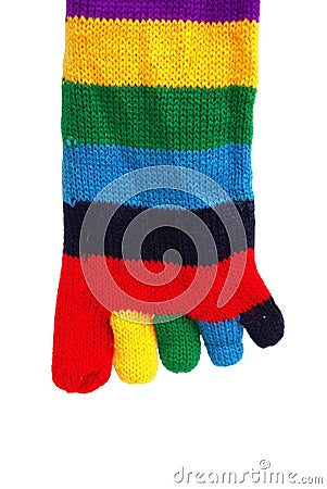 Cheerful multicolored striped crumpled sock with fingers isolated on white Stock Photo