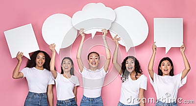Cheerful Ladies Holding Speech Bubbles Posing On Pink Background, Panorama Stock Photo
