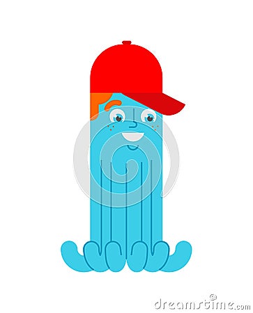 Cheerful octopus in cap. Funny poulpe vector illustration Vector Illustration