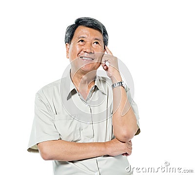 Cheerful Old Asian Man Thinking Stock Photo