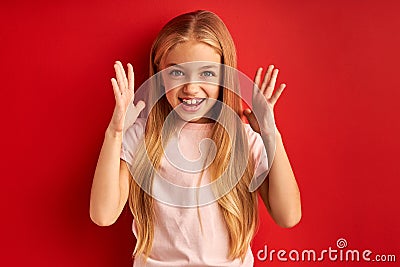 Cheerful optimistic little girl shine with happiness Stock Photo