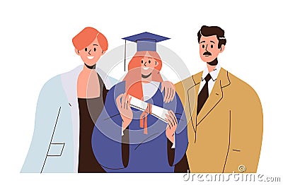 Cheerful parents standing happy and proud of young daughter holding diploma on graduation day Vector Illustration