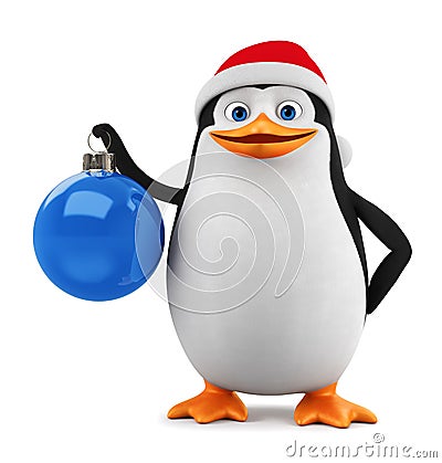 Cheerful penguin in a blue hat and a Christmas ball on a white background. 3D rendering illustration. New Year Cartoon Illustration