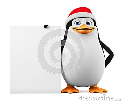 The cheerful penguin holds an empty board on a white background. 3d render illustration Stock Photo