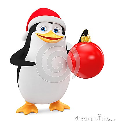 Cheerful penguin in a red hat and a Christmas ball on a white background. 3D rendering illustration. New Year Cartoon Illustration