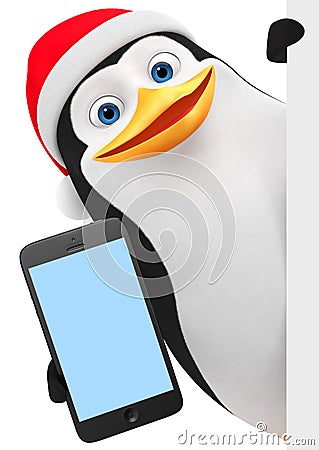 Cheerful penguin in a red hat with a phone and an empty board. 3D rendering illustration. New Year Cartoon Illustration