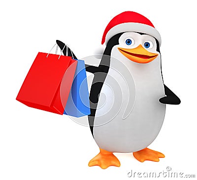 Cheerful penguin in a red hat and shopping on a white background. 3D rendering illustration. New Year Cartoon Illustration