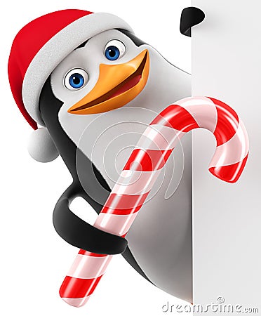 Cheerful penguin with a striped candy. 3d render illustration Stock Photo