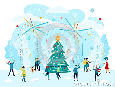 Cheerful people celebrate new year and christmas near a new year tree Vector Illustration