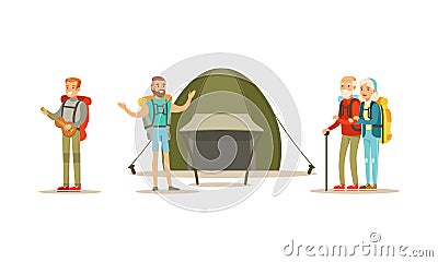 Cheerful People Characters with Backpack Hiking or Trekking Vector Illustration Set Vector Illustration