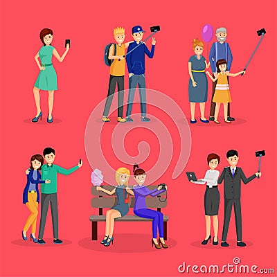 Cheerful people taking photos illustration set Vector Illustration