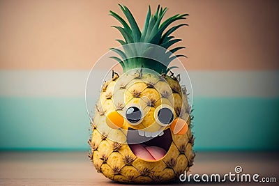 Cheerful Pineapple Cartoon Character with a Smiling Face. AI Stock Photo